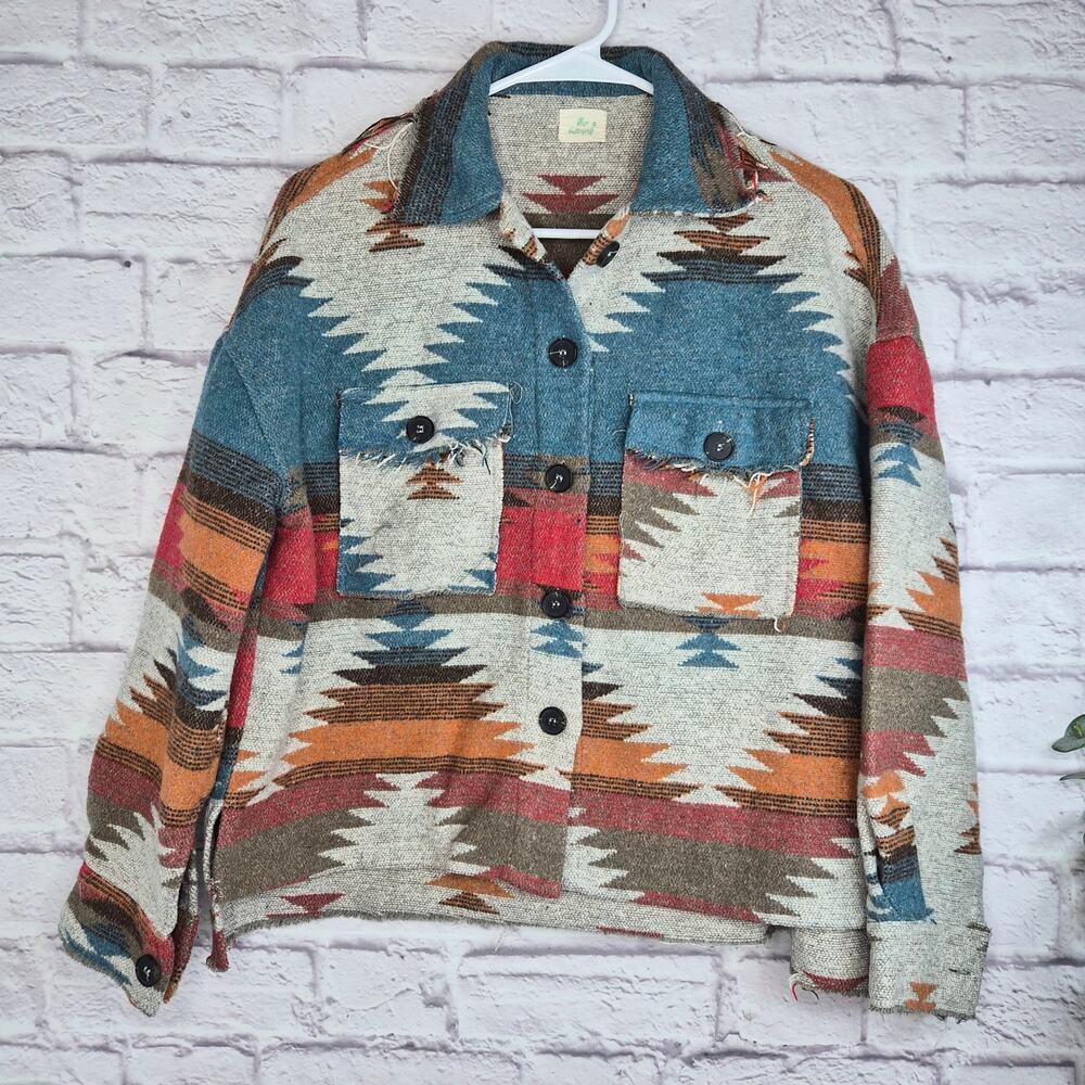 Blue Buttercup Southwestern Aztec Tapestry Jacket Shacket Raw Hem Fringe S Fall
